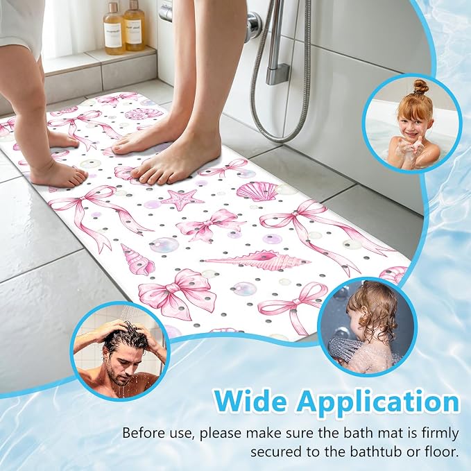 Bath Mat for Tub Non Slip, Cute Bow Bathtub Mats for Girls Non Slip Shower Mat, Machine Washable 40"x16" Long Pink Tub Mats with Suction Cups and Drain Holes for Toddler & Women, Bathroom Decor(Bows)