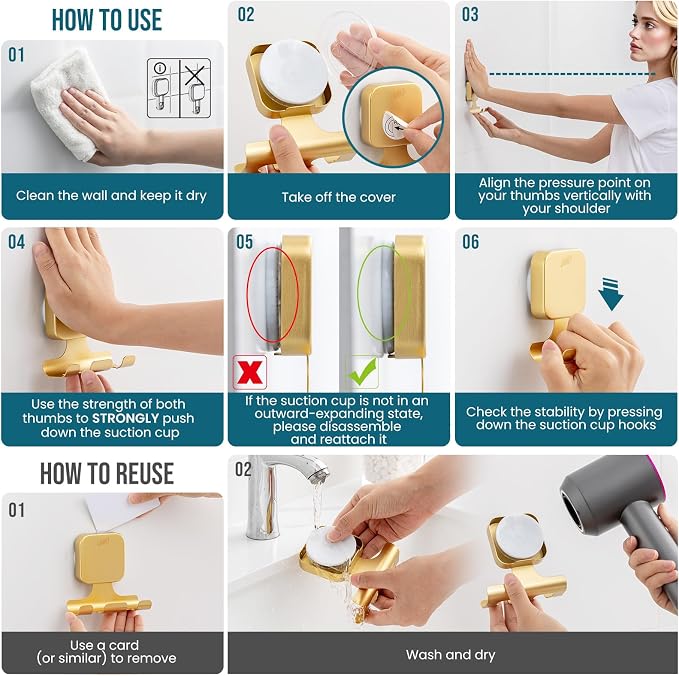 TAILI Powerful Suction Cup Razor Holder 2 Pack, Stylish 304 Stainless Steel Bathroom Suction Hooks for Towel, Loofah, Bathrobe, Shaver Holder for Shower Wall, Easy to Install and Reuse, Gold
