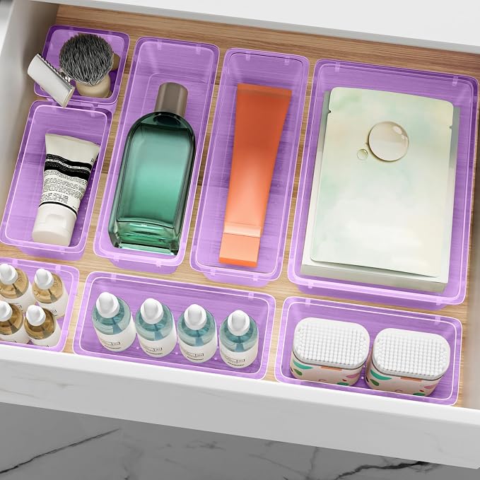 ElegantArray 12-Piece Drawer Organizer Set, 4 Sizes Versatile Plastic Vanity Organizer for Makeup, Stationery, Gadgets, in Kitchen, Bathroom, Office, and Bedroom, Purple