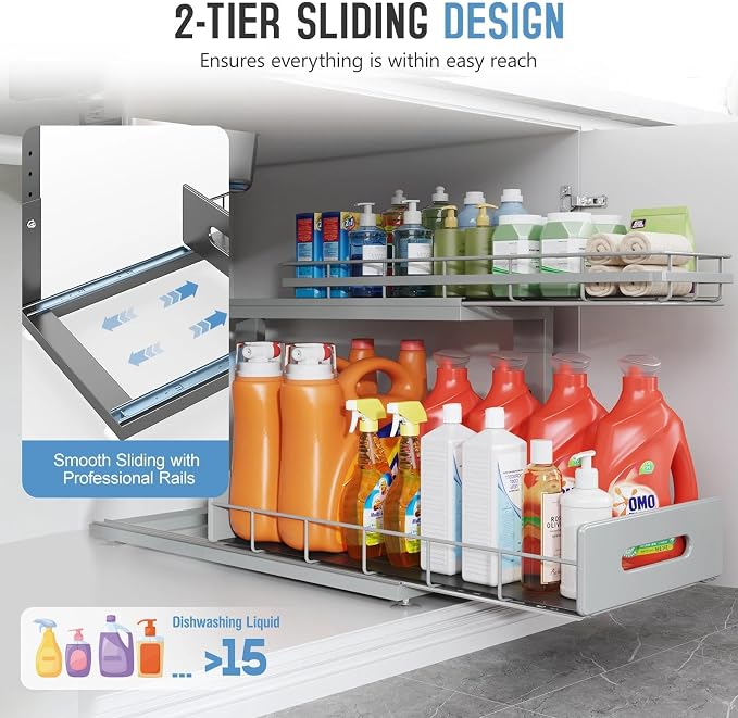 Under Sink Organizer Upgrade To Professional Rails,2-Tier Dual Pull Out Cabinet Storage,Height Adjustable Slide Out Drawers For Bathroom Kitchen,1 Pack-21"Dx12.8"-16.9"H,Gun Gray