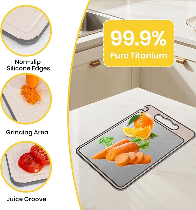 2-IN-1 Titanium Cutting Board for Kitchen Pure Titanium and Wheat Straw PP，Odor Resistant & Easy to Clean15.8x10.6 Inch, (Beige Titanium)