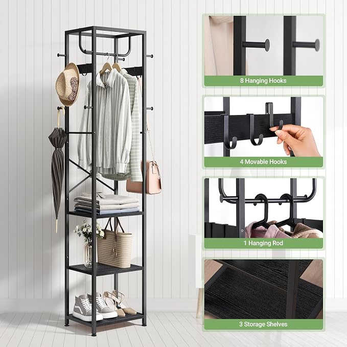 ELYKEN Coat Rack Freestanding, Hall Tree with 3 Storage Shelves and 12 Hooks, Metal Clothes Rack Stand Organizer for Bedroom, Hallway, Entryway, Office, Living Room, Black