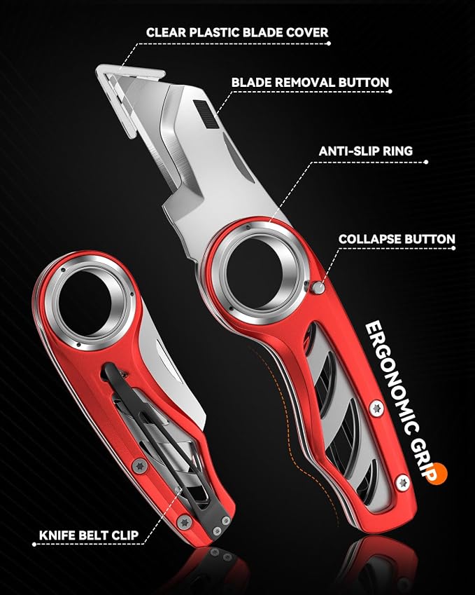 Folding Utility Knife Pocket Knife, Heavy-Duty Box Cutter with Anti Slip Finger Loop, Quick Change Blade Razor Knife, Box Cutters for Home, Office, Warehouse, Durable Razor Knife, Box Knife (Red)