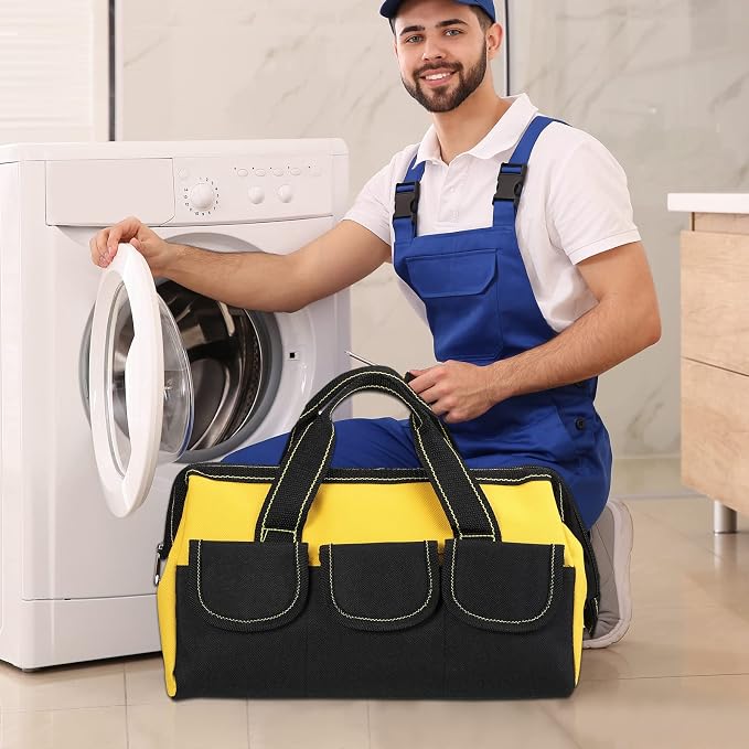 Sanwuta 3 Pack Tool Bag for Men with Waterproof Hard Bottom, Heavy Duty Tool Bag Wide Mouth Tote for Various Instrument, Electrician Carpenter Mechanic(Yellow,13 Inch,Classic)