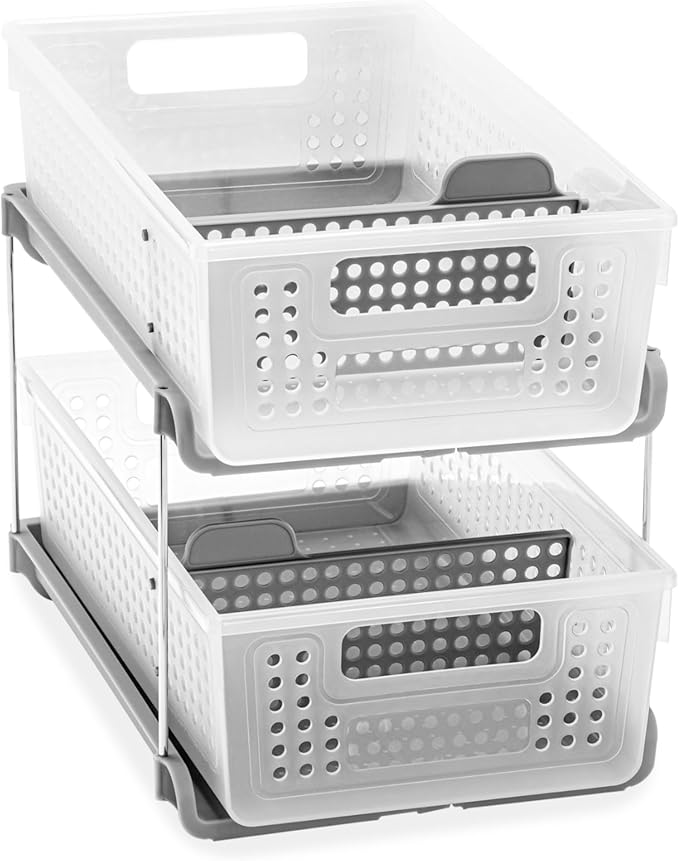 madesmart 2 Tier Bath Organizer,Undersink Storage with Sliding Drawers,for Cleaning Supplies, Pantry, Sponges,Bottles&Kitchen Essentials,Adjustable Dividers&Pull Out Sliding Baskets,Frost, (Pack of 2)