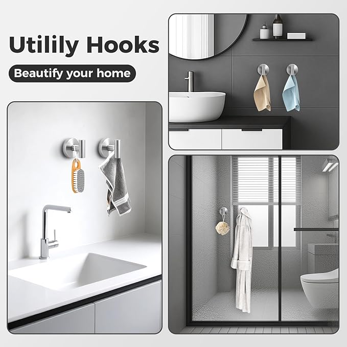 Shower Hooks for Inside Shower,No-Drill Removable&Reusable Towel Hooks for Bathroom,Heavy Duty Suction Cup Hooks for Glass Window,2 Packs(Silver)