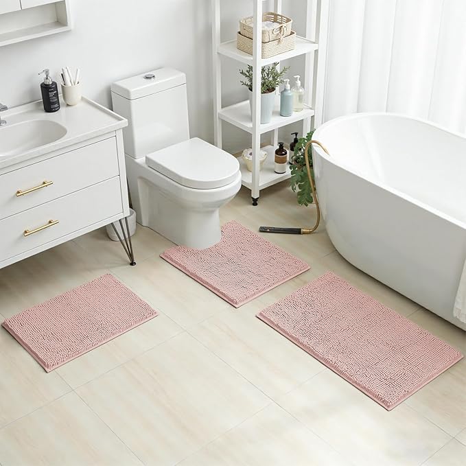 HOMEIDEAS 3 Pieces Bathroom Rugs, Extra Large Ultra Soft Non Slip Absorbent Chenille Toilet Bath Mat Set (Dusty Pink)