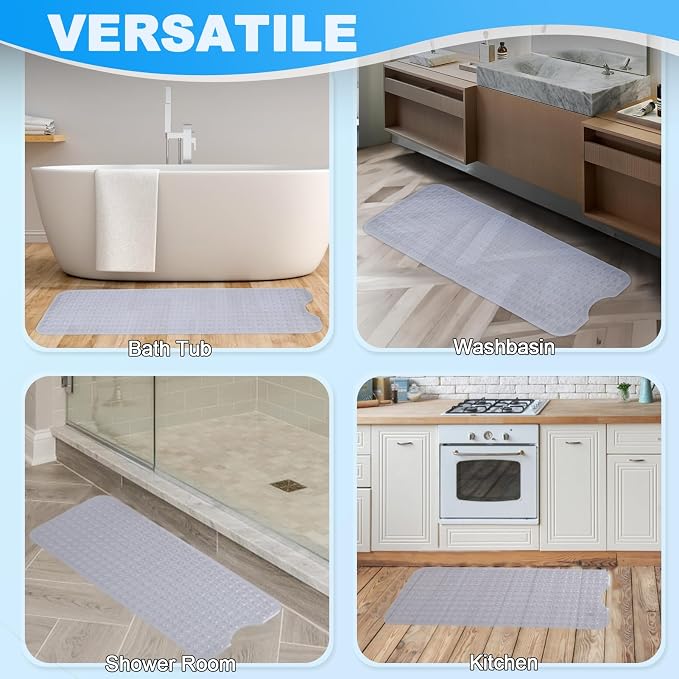 Bathtub and Shower Mats, 40x16 Inch Extra Large Non Slip Soft Bath Tub Mat with Suction Cups and Drain Holes for Bathroom Floor and Keep Tubs Clean, Machine Washable, Clear