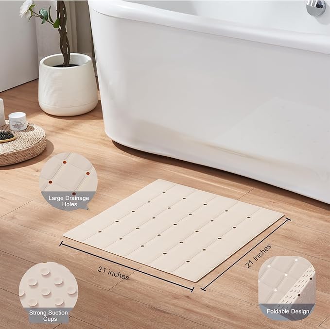 Webos Anti Slip Shower Mat for Tub & Shower Stall, 21" x 21" Square Silicone Bathtub Mat with Powerful Suction Cups, Fast-Draining, Machine Washable Soft Foldable Bathroom Mat, Beige