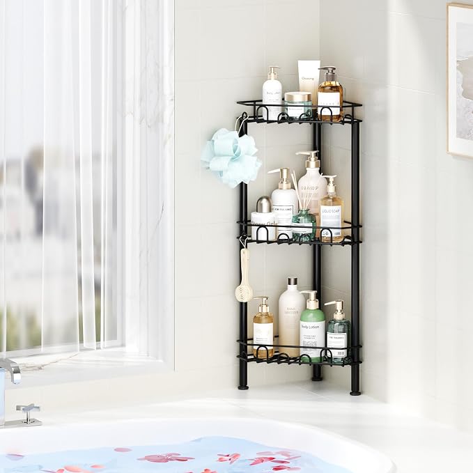 SWTYMIKI Standing Shower Caddy Corner - 3‑Tier Stainless Steel Shower Organizer Shelf with 12 Hooks and Adhesive Pads, Rustproof Corner Shelves Stand Rack for Bathroom Shower Room, Black