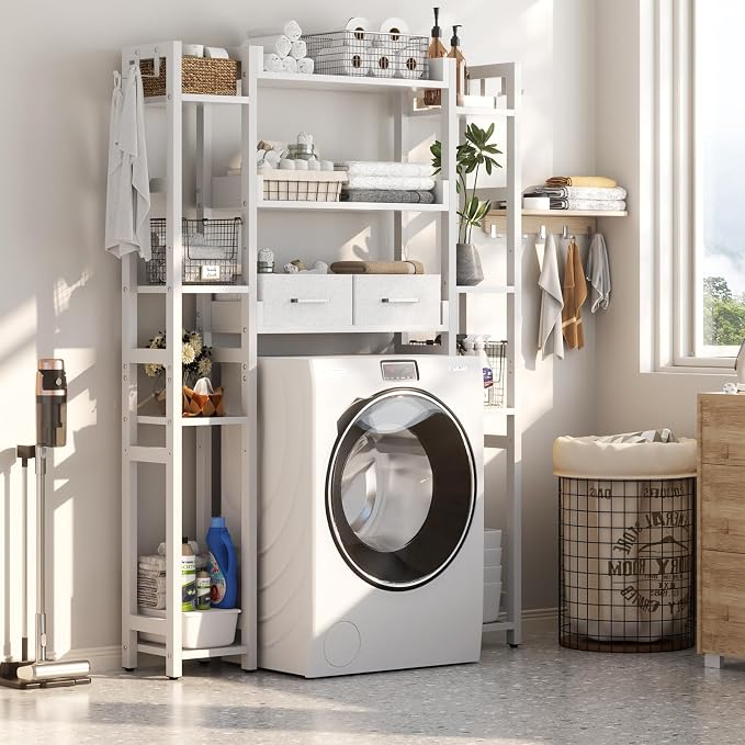 Besiost Over The Toilet Storage, 11 Tier Bathroom Organizer with Dual Side Racks and 2 Fabric Drawers, Adjustable Freestanding Rack Space Saver for Small Spaces, White