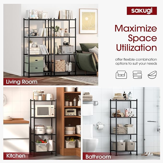 Sakugi Storage Shelves - Set of 2, 4-Tier Metal Shelf Organizer, Space-Saving Garage Shelving with Leveling Feet, Standing Shelves Organizer for Kitchen, Laundry, Pantry (18.1"x12.3"x44.1", Black)