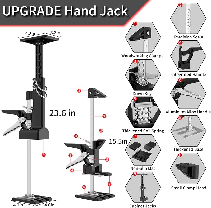 2 Pack Cabinet Jacks, 3rd Hand Support System with 360 LBS Capacity, Adjustable 0 to 23.6 inches for Multifunctional Furniture Lifter Jacks for Wall Tile Height Adjuster Handheld Tool