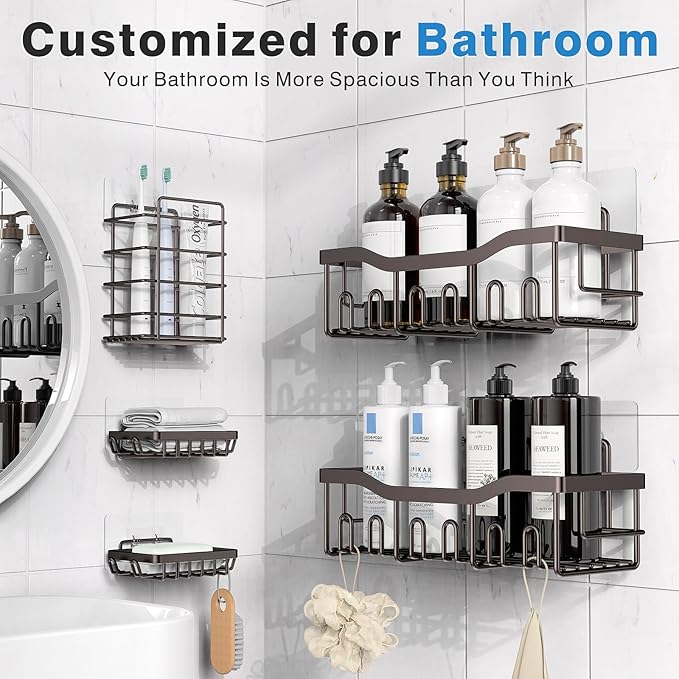5-Pack Shower Caddy, No Drill Adhesive Shower Organizer, Rustproof Stainless Steel Bathroom Organizer, Space-Saving Bathroom Shelves for Apartment Essentials, Kitchen Storage Home Decorr-Larger