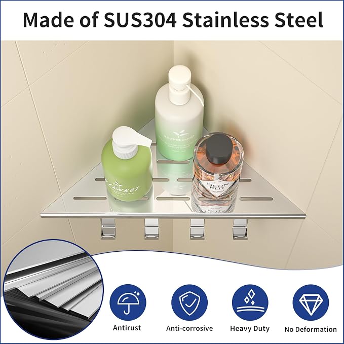 Corner Shower Shelf w/Hooks, Grout in Bathroom Shelves for Tiled Wall, 304 Stainless Steel Recessed Shower Shelf (Polished, 10''-2pcs)