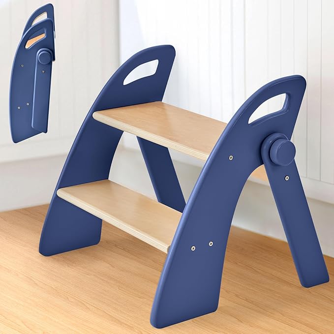 Step Stool for Toddlers, Foldable Wooden 2 Step Stool, Toddler Step Stool for Bathroom Sink & Potty Training, Kitchen Helper with Handles and Non-Slip Pads