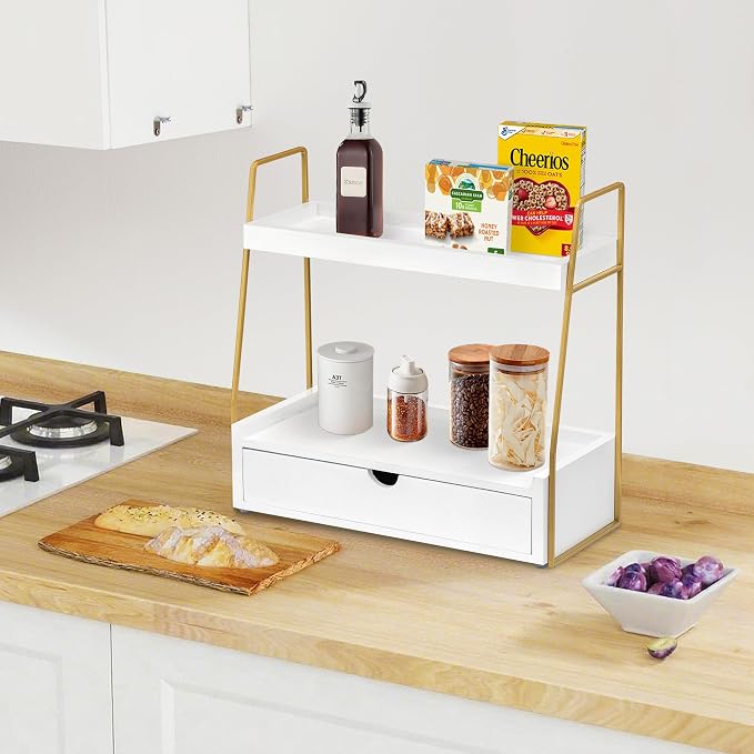 2-Tier Bathroom Organizer Countertop with Drawer, Wood Counter Organizer for Bathroom Decor, Sink Shelf for Vanity Storage, Makeup Tray for Perfume Skincare, Spice Rack Bedroom Kitchen Corner