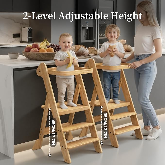 COSYLAND Foldable Kids Step Stool - iF Design Award Standing Tower with Safety Net & 2 Large Side Support Legs - Adjustable Height Toddler Ladder for Kitchen Counter/Bathroom Sink -(Natural)-Foldi