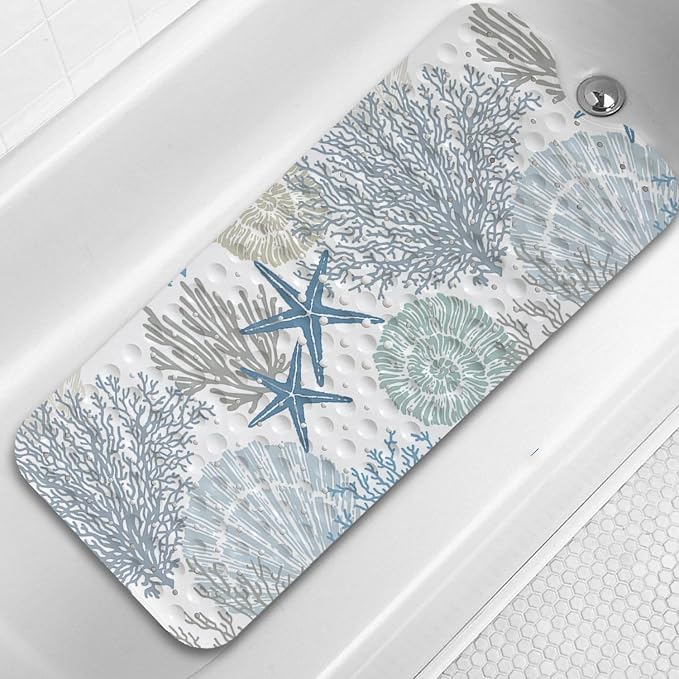 Bathtub Mat Non Slip, 40x16 inch Bath and Shower Safety Mats, Blue Nautical Coastal Starfish Tub Mat for Bathroom, Tub Shower Mat with Drain Holes and Suction Cups