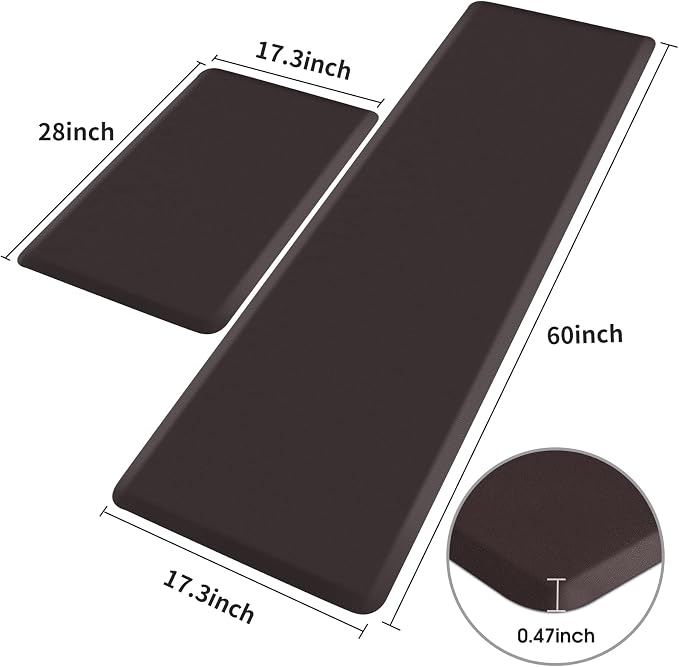 HappyTrends Kitchen Mat,17.3"x28"+17.3"x60" Chocolate, Cushioned Comfort Anti-Fatigue Waterproof Floor Mat Kitchen Rugs, Thick Perfect Ergonomic Foam Standing mat for Kitchen, Home, Office, Laundry