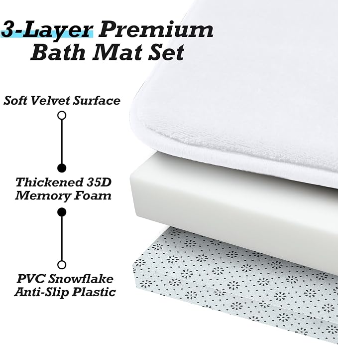HUXMEYSON Bathroom Rugs Sets 2 Piece, Non-Slip & Quick Dry Bath Mat Set, Ultra Soft Velvet Bath Rugs for Bathroom, Toilet and Shower Floor, White