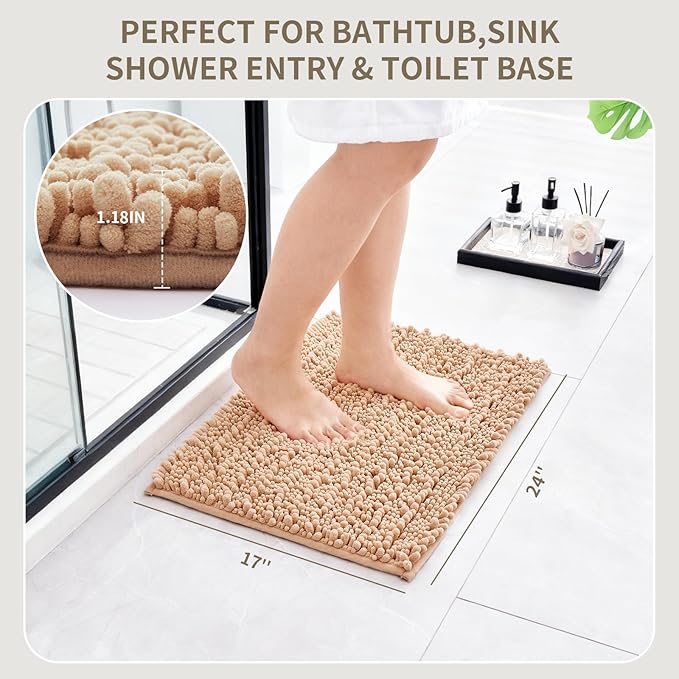 Bathroom Rugs Non Slip Washable, Extra Thick Soft Chenille Absorbent Bath Mat, High Density Barrier Non Slip Backing, Quick Dry Plush Shaggy Floor Carpet for Tub&Shower 24x17, Beige
