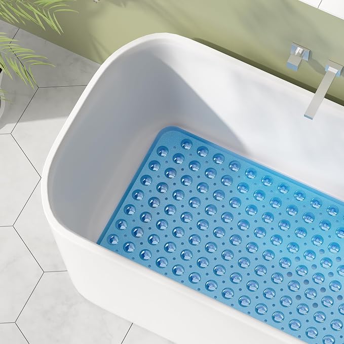 AmazerBath Shower Mat Non Slip 40 x 16 Inches, Bathtub Mat Shower Stall Mats with Suction Cups and Drain Holes, Non Slip Bath Mat for Tub for Elderly & Kids, Clear Blue
