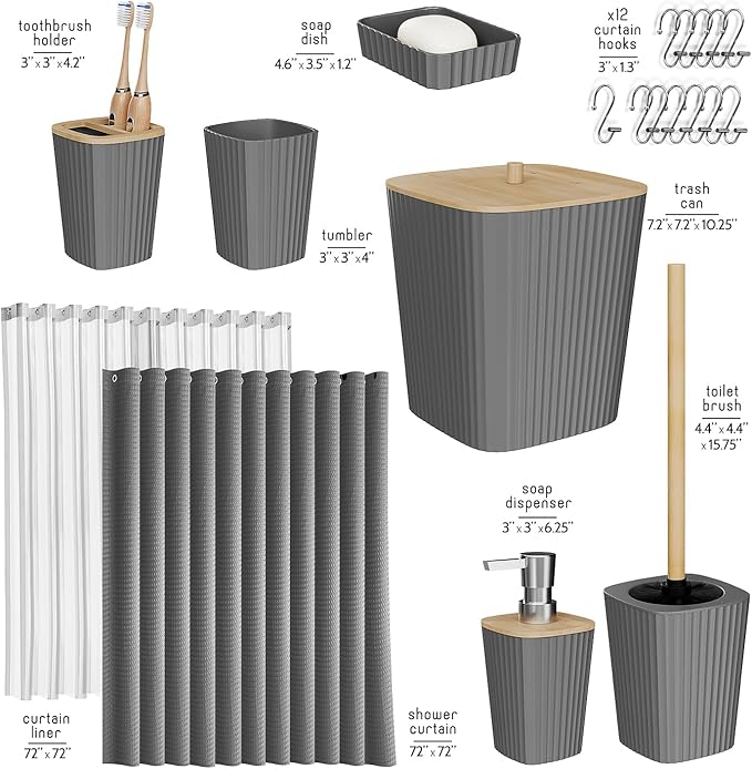 Clara Clark Bathroom Accessories Set - Bathroom Set, Bathroom Accessory Set, Shower Curtain Set, Toilet Brush, Trash Can & Soap Dispenser - Grey - 20PC