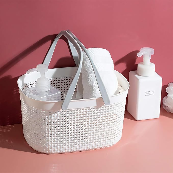rejomiik Portable Shower Caddy Basket, Plastic Organizer Storage Tote with Handles for Bathroom, College Dorm, Kitchen, White