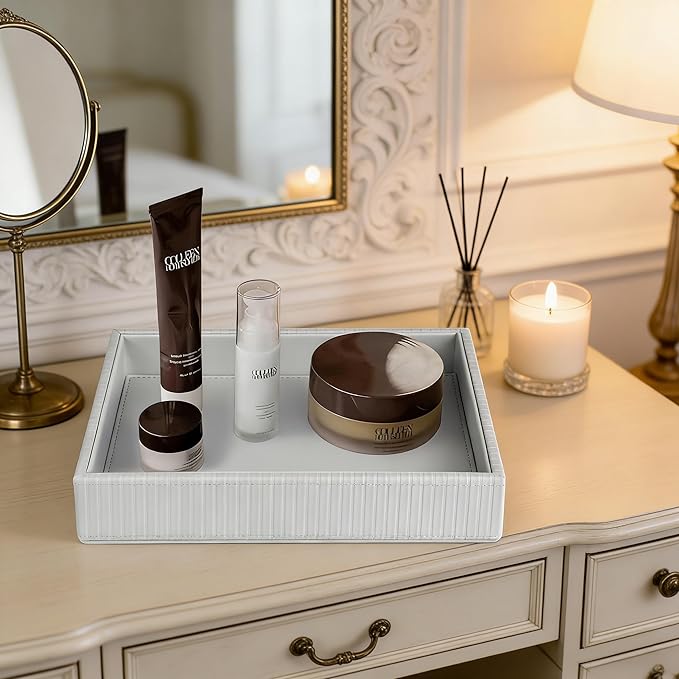HofferRuffer Faux Leather Vanity Tray, Elegant Desktop Storage Organizer, Decorative Catchall for Perfume, Bathroom Valet, Nightstand or Dresser, 10.2 x 8.4 x 1.8 inches (Grey Stripe)