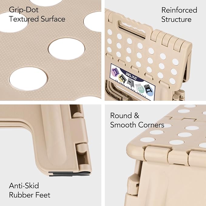 Delxo Office Step Stool, 13 inch Non-Slip Foldable Stools for Adults Up to 300 LBS, Step Stool with Handle, Lightweight for Kitchen, Bathroom, Bedroom, Office, Khaki, 1PC