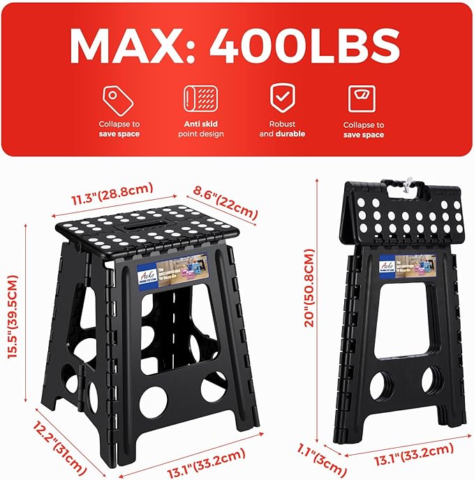 ACKO Folding Step Stool Foldable 16 Inch 400 lbs Capacity, Plastic Stools for Adults and Kids, Collapsible Stools for Kitchen, Stepping Stool with Handle, Black,1 PC