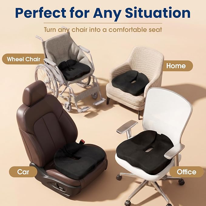 Ergonomic Seat Cushion for Office Chair, Memory Foam Coccyx Cushion for Tailbone Pain Relief, Non-Slip Washable Cover, Pressure Relief Chair Pad for Office, Car, Wheelchair & Home Black
