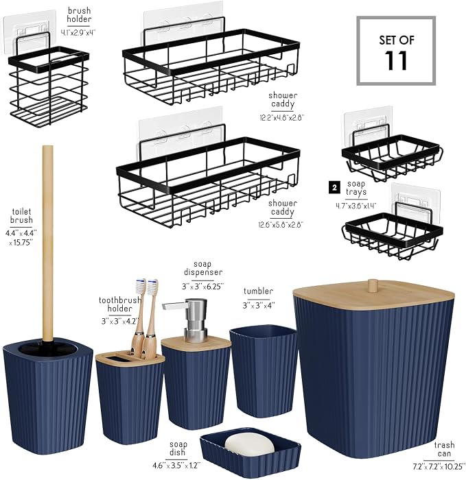 Clara Clark Bathroom Set - Navy Blue Bathroom Accessories Set, 6PC Bathroom Accessory Set, Bathroom Sets with Adhesive Corner Shower Caddy Hanging, Toilet Brush, Trash Can & Soap Dispenser