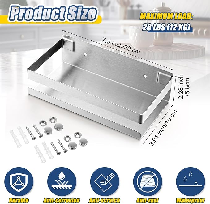 Lallisa 2 Pieces Stainless Steel Shelf Bathroom Shower Floating Shelves Wall Mounted Shower Caddy Basket Shelf Storage Organizer Shelves for Bathroom, Kitchen, Living Room(7.87 Inches/ 20 cm,Silver)