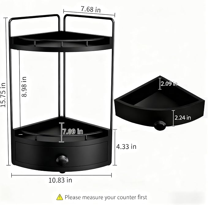 2-Tier Corner Bathroom Counter Organizer with Drawer & Embedded Screw Holes - Wooden Countertop Organizers for Skincare, Makeup Storage, Bathroom Sink Counter Shelf for Vanity, Kitchen, Black