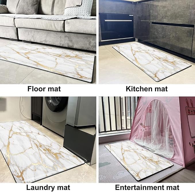 Mrcrypos Gold White Kitchen Rugs Cushioned Anti Fatigue Marble Kitchen Runner Rug PVC Waterproof Leather Long Kitchen Rug Non Slip Floor Comfort Mat for Kitchen Sink Laundry Office 23.5" W x 70" L