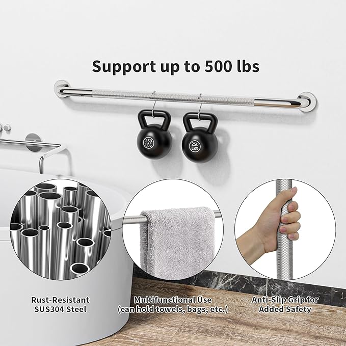 40 Inch Anti Slip Shower Grab Bar, Munzong Bathroom Grab Bar for Showers, Brushed Nickel Knurled Handicap Balance Bar,Safety Hand Rail Support Elderly Senior Assist Bath Handle
