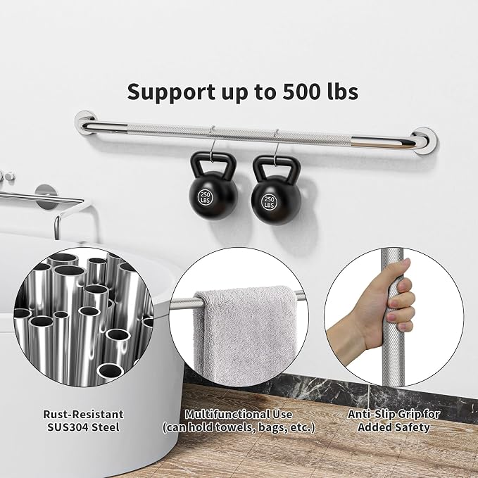 40 Inch Anti Slip Shower Grab Bar, Munzong Bathroom Grab Bar for Showers, Brushed Nickel Knurled Handicap Balance Bar,Safety Hand Rail Support Elderly Senior Assist Bath Handle