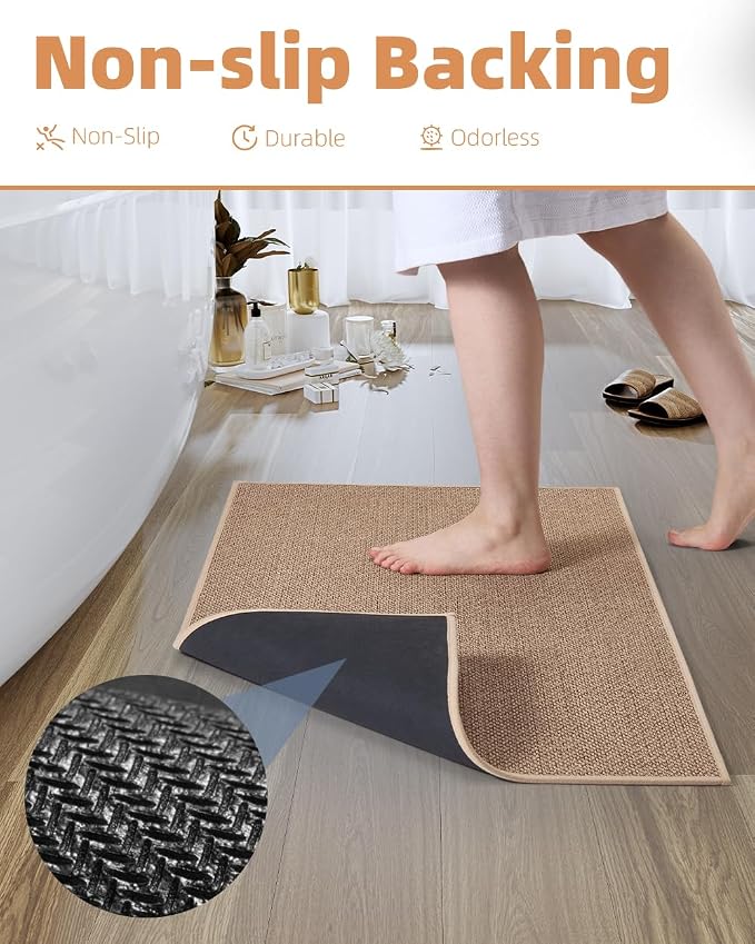 PADOOR Non-Slip Bath-Mats, Rubber-Backing Braided Absorbent Bathroom Mat, Machine Washable Thin Bathroom Rugs, Fit Under Door, Quick Dry, 24''x35'' Beige