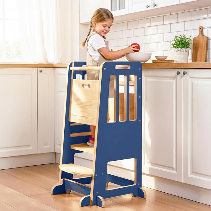 WINGYZ Toddler Tower - Anti-Tip Natural Wood Learning Stool Helper for Kids 18M-6Y, 150lb Capacity Kitchen Stool with 3-Height Adjustable Platform and Sliding Door Access, 20lb Portable Design, DK BLU