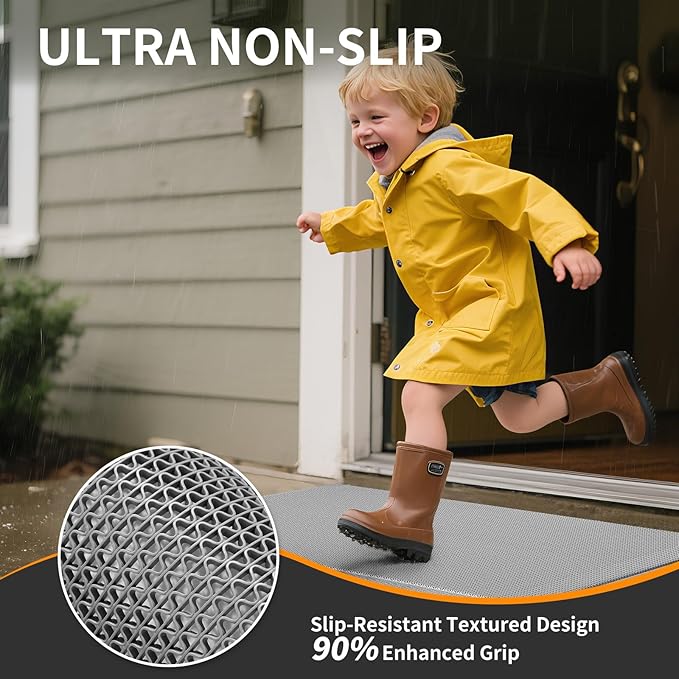 Front Door Mat 24''x36'', Drainage Heavy Duty Dirt Trapping Non-Slip Doormats, Outdoor Rubber Floor Mats, Restaurant Commercial Kitchen Industral Pool Entrance Bar Wet Area, Grey
