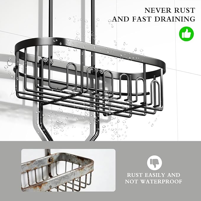 CICUFY Shower Caddy Hanging, Rustproof Bathroom Shower Organizer Hanging, No Drilling Over the Shower Head Caddy with Hooks for Razor, Shower Shampoo Holder with Soap Basket, Black