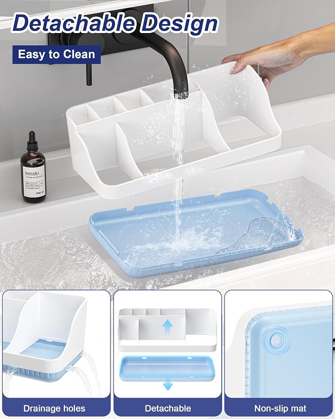 Bathroom Counter Organizer and Storage with 2 Pack Qtip Holder Dispenser, 7 Slots Detachable Toothbrush Holders for Bathrooms, Anti-Slip Electric Toothbrush and Toothpaste Holder Countertop