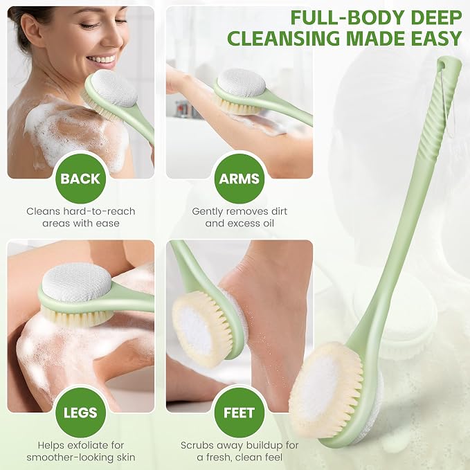 Back Scrubber for Shower with Long Handle, Dual-Sided Bath Brush with Soft Bristles & 150D Exfoliating Cloth, Anti-Slip Grip, Lightweight Back Washer for Shower, Men & Women (Green)