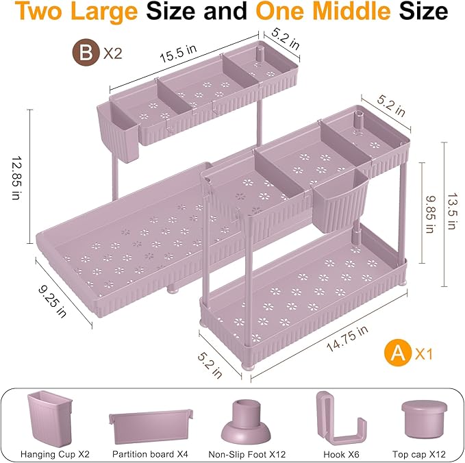 Sevenblue 3 Pack Multi-Purpose Pull-Out Storage Organizers, 2-Tier L-Shaped Under Sink/Cabinet Organizers and Storage for Bathroom & Kitchen,Pink,12.85 Inch