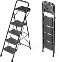 KINGRACK 4 Step Ladder with Tool Platform, Sturdy Step Stool, Anti-Slip Wide Pedals, Handrail, Foldable Step Ladder, Pass 900LBS Testing, Multi-Use for Home, Garage, Garden, Painting, Black