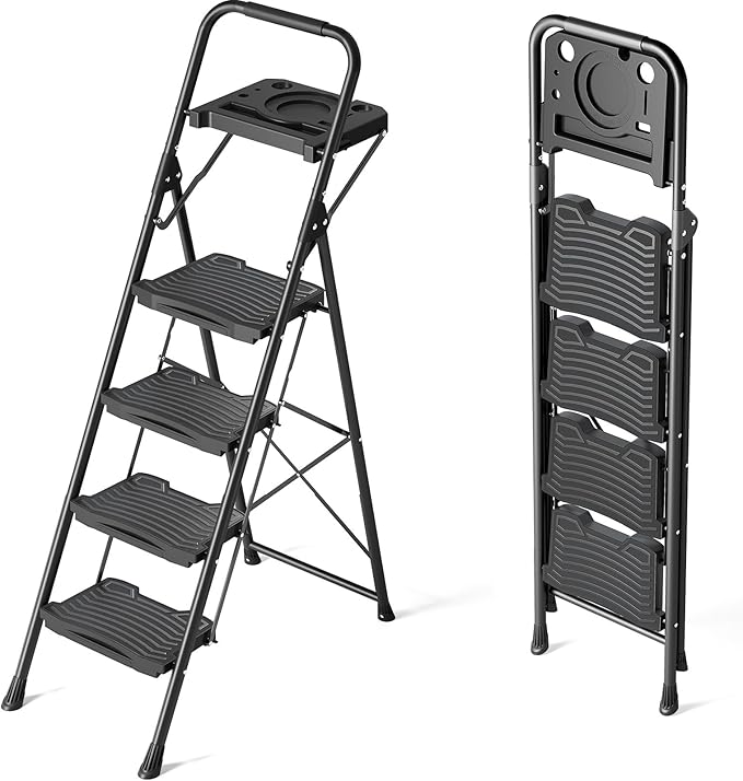 KINGRACK 4 Step Ladder with Tool Platform, Sturdy Step Stool, Anti-Slip Wide Pedals, Handrail, Foldable Step Ladder, Pass 900LBS Testing, Multi-Use for Home, Garage, Garden, Painting, Black