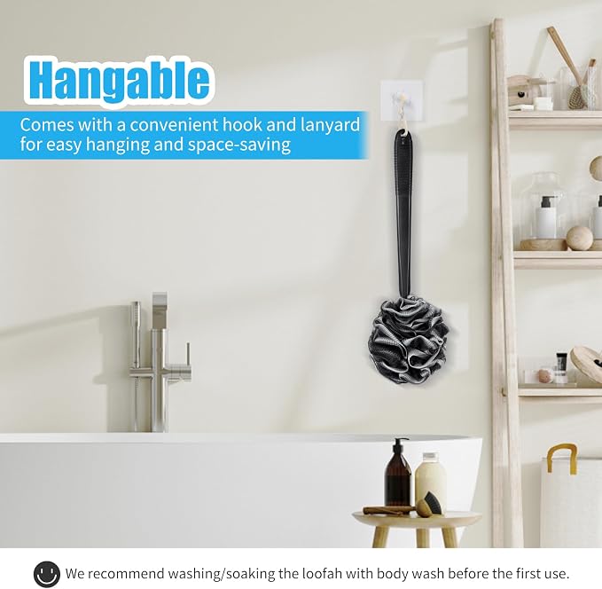 VANZAVANZU Loofah Sponge Set Loofah Exfoliating Body Scrubber, Anti-Slip Plastic 17" Handle Loofah on a Stick with Fluffy Shower Sponge, PE Soft Mesh Shower Loofahs-Black with White Edge