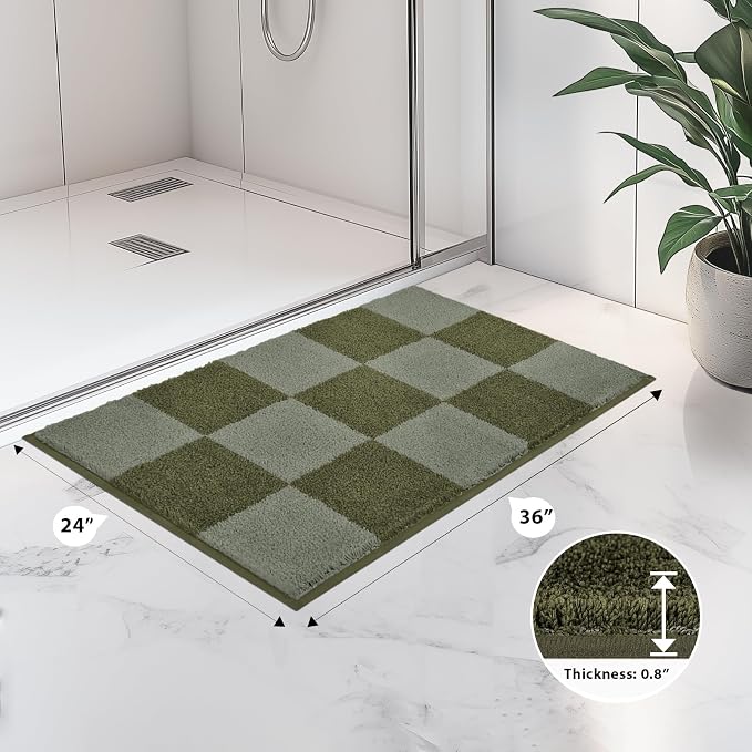 anllugs Bathroom Rugs 24" x 36", Non-Slip Extra Soft Absorbent Bath Rugs, Machine Washable Quick Dry Bath Mats for Bathroom Floor, Shower, Bathtub and Sink, Checkered Budding Green & Sage Green